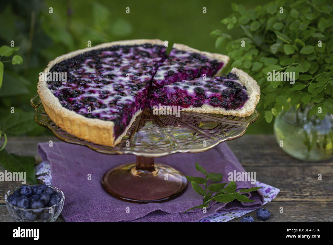Nourriture, tarte finlandaise aux myrtilles sur table en bois dans le jardin d'été, style rustique, pique-nique en plein air, foyer sélectif Banque D'Images