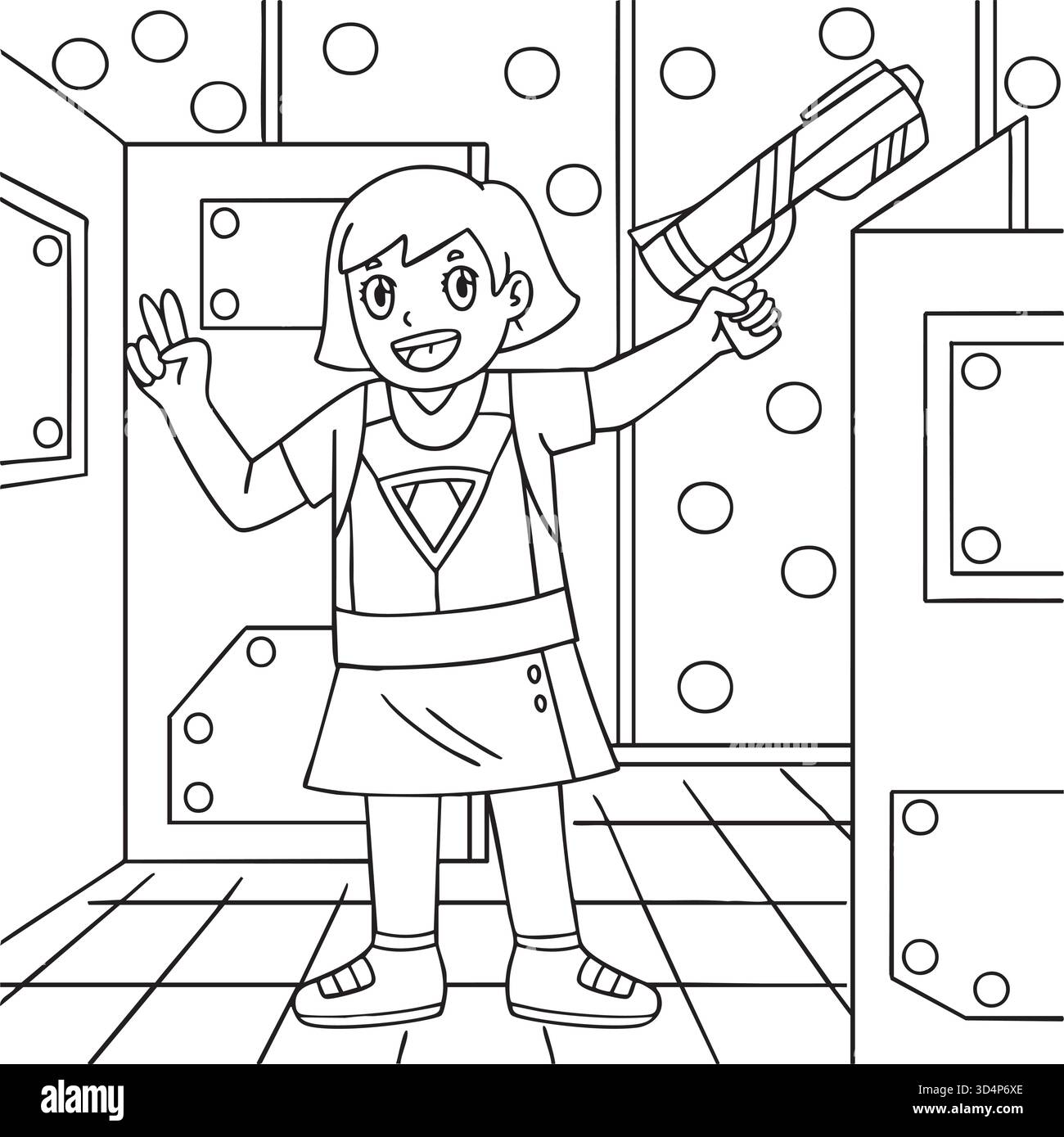 Laser Tag Girl avec laser Tag Gun Coloriage page Illustration de Vecteur
