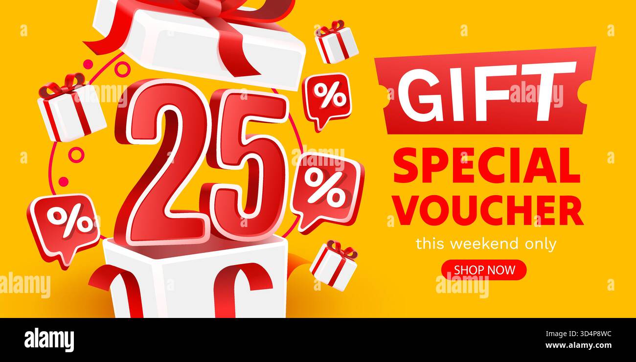 Bannière de l'offre spéciale cadeau 25. Fond jaune vif pour la promotion. Illustration vectorielle. Illustration de Vecteur