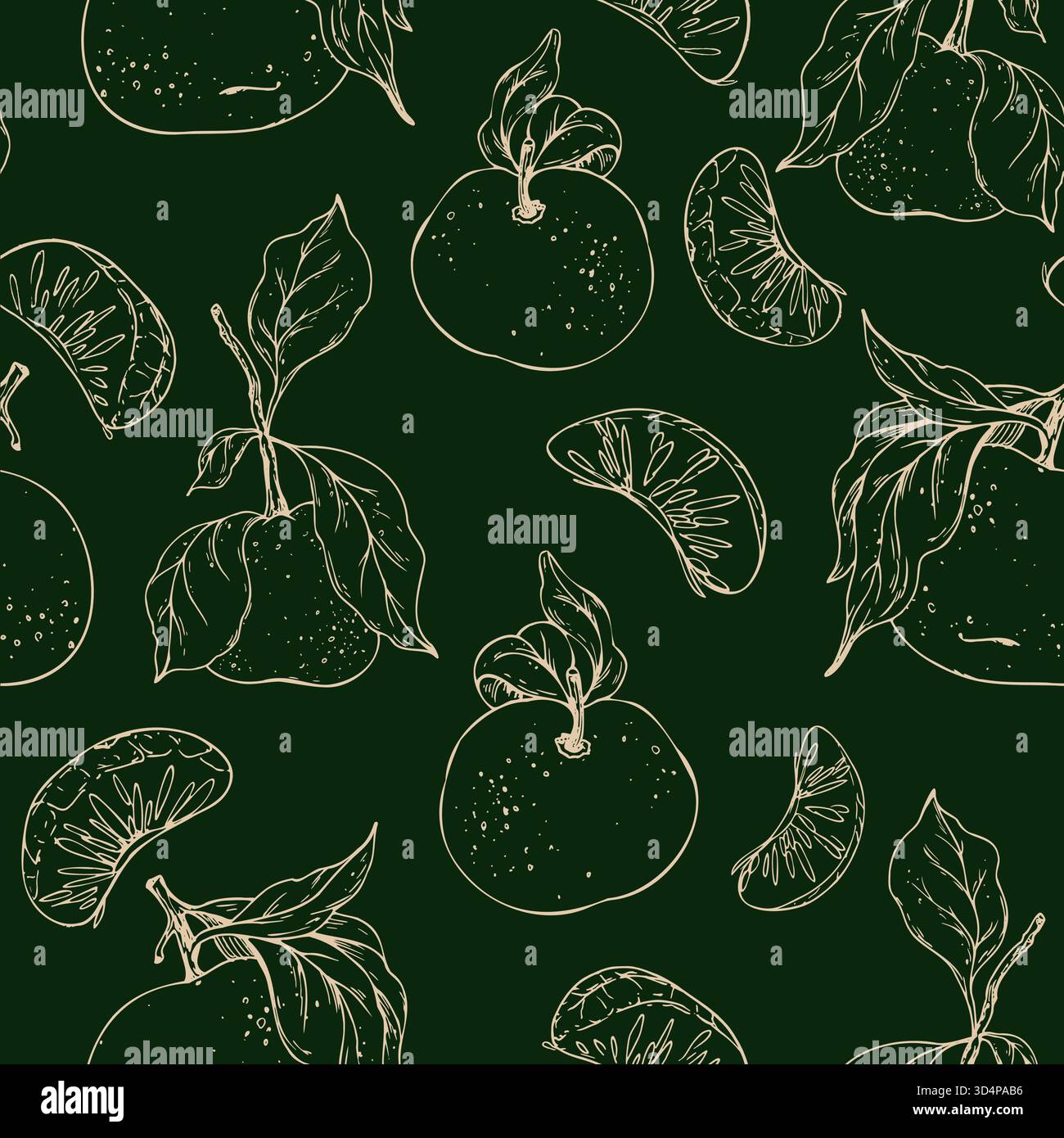 Motif sans couture dessiné à la main avec des mandarines entières, des tranches et des feuilles d'agrumes. Cette illustration au trait délicat est parfaite pour l'emballage alimentaire, recette Illustration de Vecteur