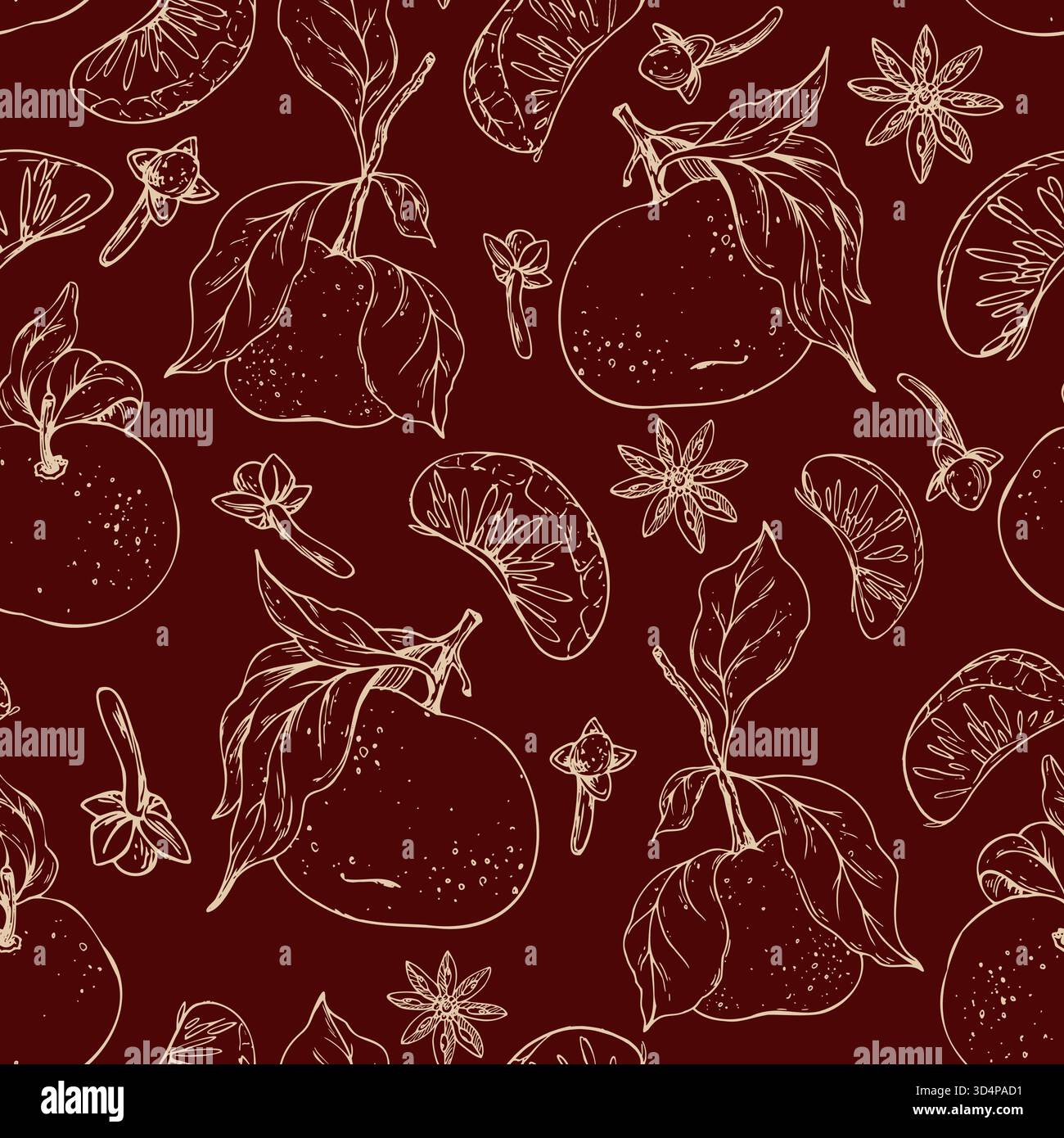 Un motif sans couture dessiné à la main avec des mandarines, des clous de girofle et de l'anis étoilé. Cette illustration graphique minimaliste est parfaite pour Noël Illustration de Vecteur