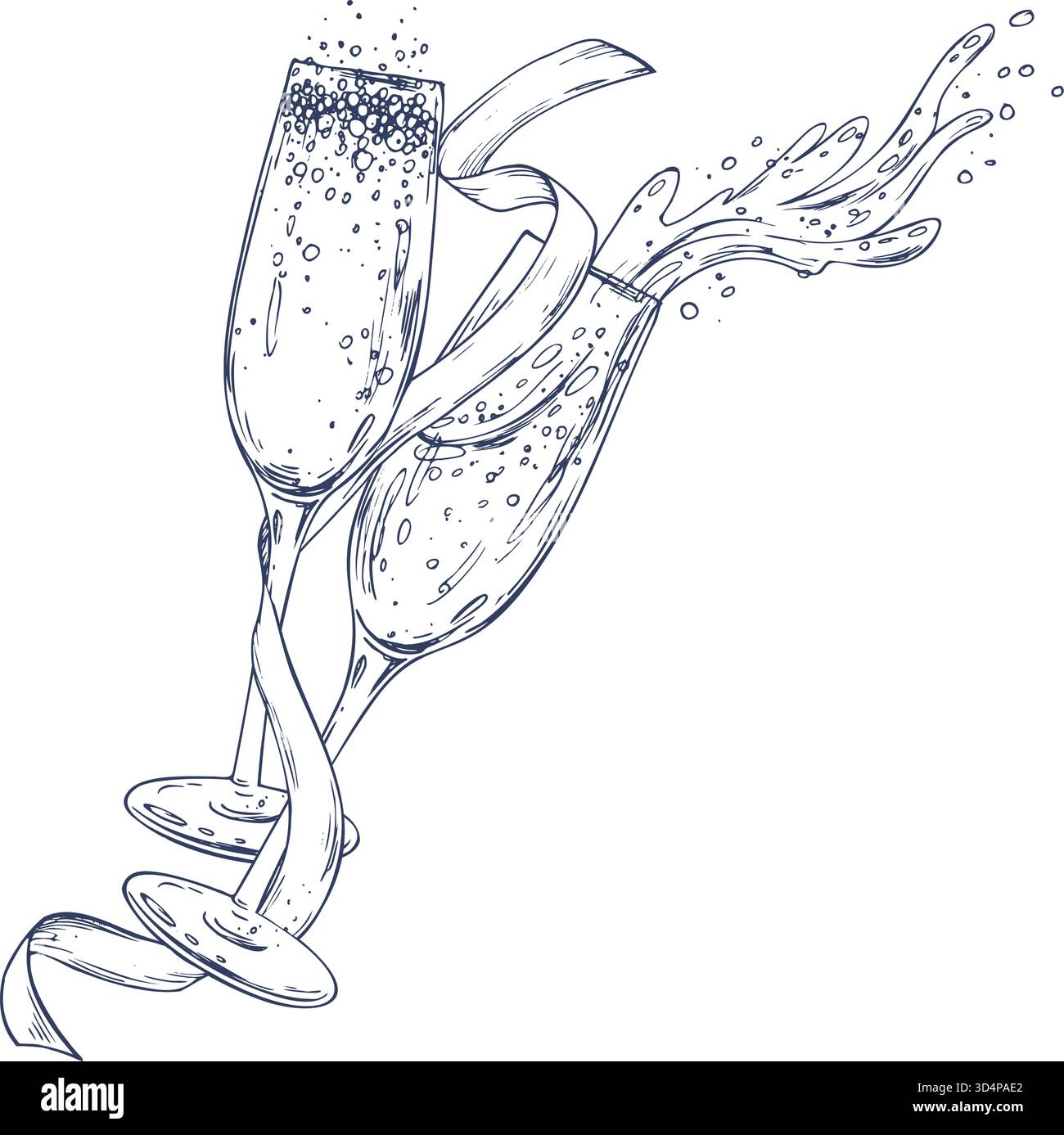 Dessin au trait minimaliste de deux verres à champagne grillés avec bulles dorées et ruban de satin. Dessiné à la main à l'encre, parfait pour les invitations de mariage Illustration de Vecteur