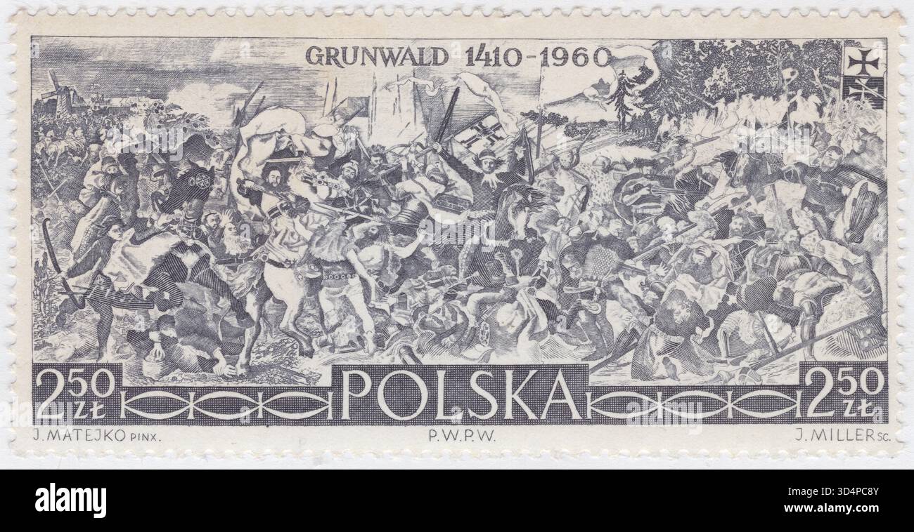 POLOGNE — 1960 : timbre-poste gris foncé de 2,50 zloty représentant la bataille de Grunwald par Jan Matejko. 550e anniversaire, bataille de Grunwald. La bataille de Grunwald est une peinture de Jan Matejko représentant la bataille de Grunwald et la victoire de la couronne alliée du Royaume de Pologne et du Grand-Duché de Lituanie sur l'ordre teutonique en 1410. La toile date de 1878 et est l'une des représentations les plus héroïques de l'histoire de la Pologne et de la Lituanie. L'accent est mis sur la mort du Grand Maître de l'ordre teutonique et le triomphe du Grand Duc de Lituanie, Vytautas le Grand Banque D'Images