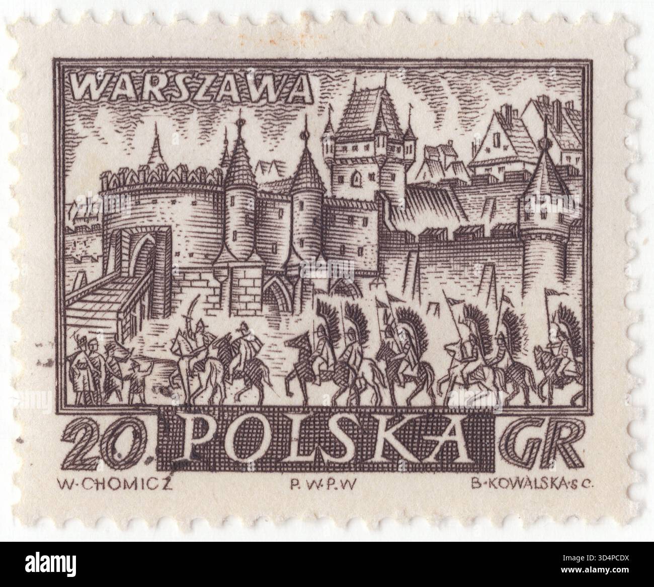 POLOGNE — 1960 novembre 25 : timbre-poste marron foncé de 20 grosz représentant Varsovie médiévale. Les premières colonies fortifiées sur le site de l'actuelle Varsovie étaient situées à Bródno et Jazdów. Après que Jazdów ait été attaqué par des clans et des ducs voisins, une nouvelle colonie fortifiée a été établie sur le site d'un petit village de pêcheurs appelé Warszowa. Le prince de Płock, Bolesław II de Masovie, établit la ville moderne vers 1300 et le premier document historique attestant l'existence d'un château date de 1313. Varsovie est devenue officiellement capitale du duché de Masovie en 1413 Banque D'Images