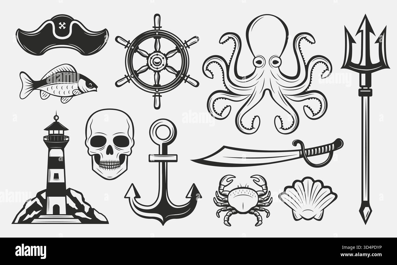 Ensemble d'éléments nautiques. Jeu d'icônes nautiques vintage. Modèles de logo Marine. Phare, ancre, trident, poulpe, roue de bateau. Illustrations vectorielles Illustration de Vecteur