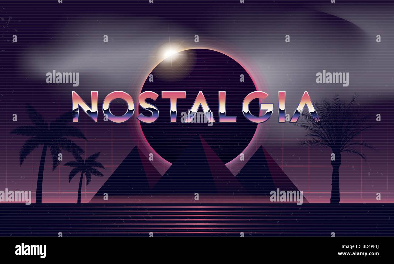 Logo Nostalgia 80. Fond d'éclipse solaire. Modèle d'arrière-plan de Retro 80. Logo rétro chromé avec pyramide et palmiers. Arrière-plan Retrowave. Te Illustration de Vecteur