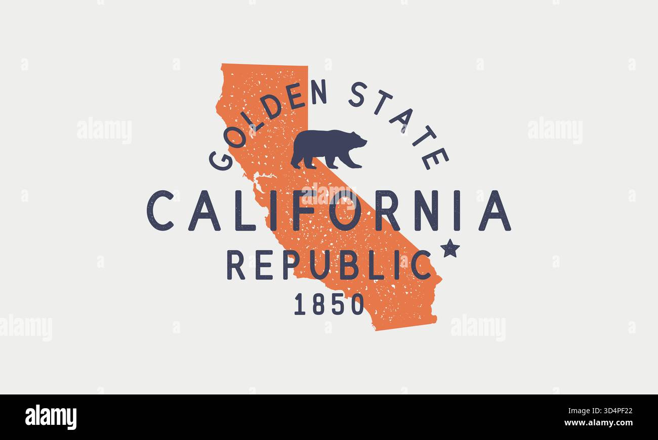 Logo, emblème, étiquette de l'État de Californie. Le Golden State. Impression pour T-shirt, typographie. USA California design vintage. Carte de Californie. San Francisco, S. Illustration de Vecteur