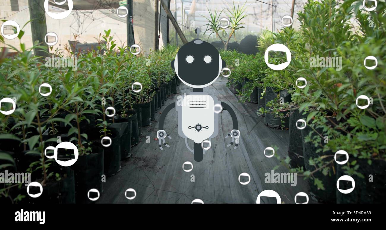 Représentation stylisée d'un robot planant au-dessus de l'allée de la serre avec des rangées de pots noirs et des marqueurs AR Banque D'Images