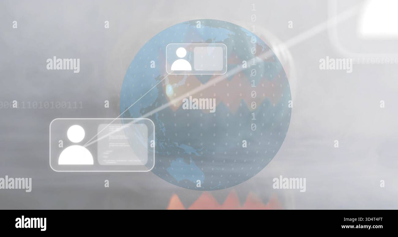 Affichage du globe semi-transparent dans le tableau de bord, reliant deux panneaux translucides avec des lignes lumineuses Banque D'Images