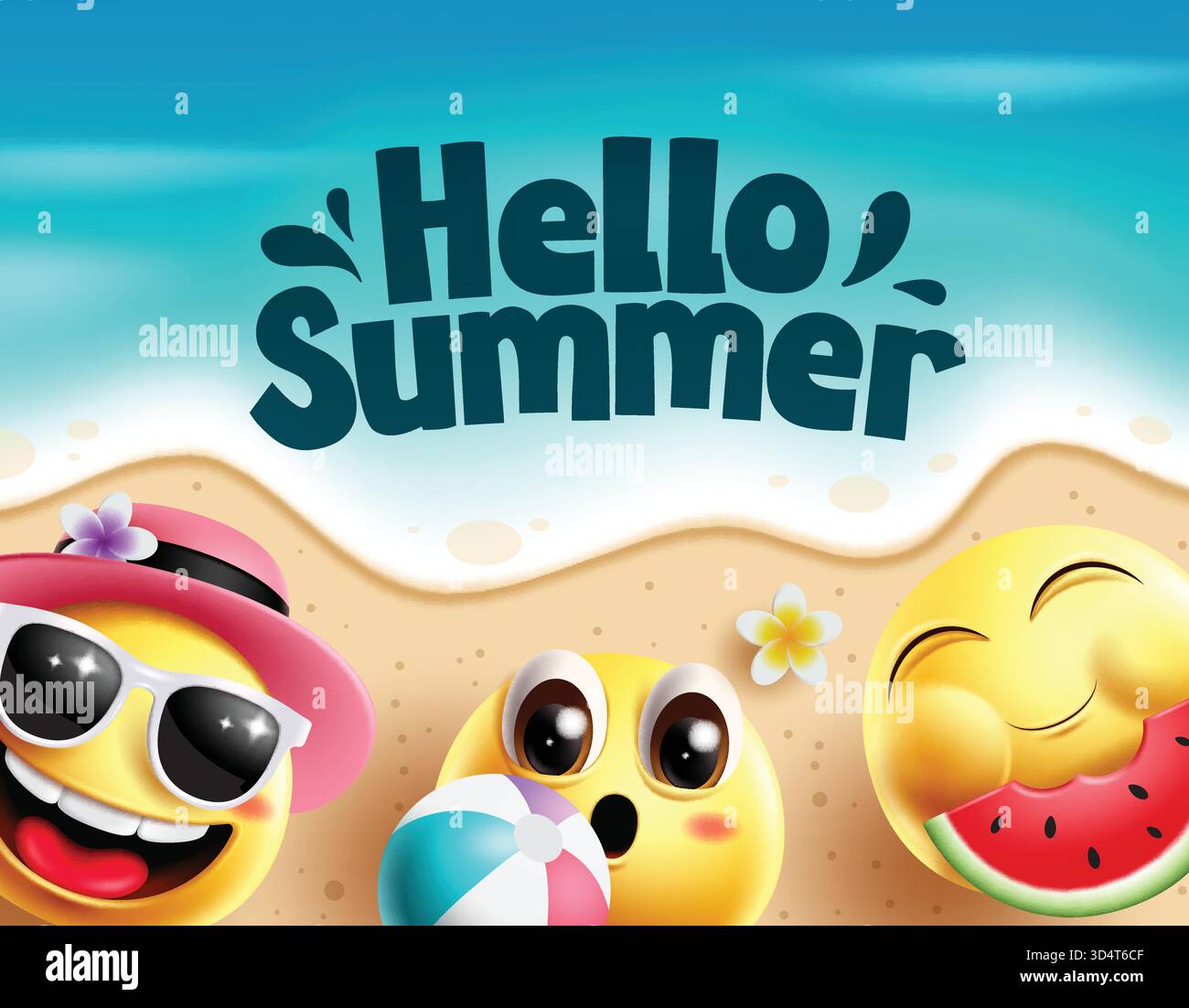Design de clipart emojis d'été. Bonjour texte de salutation d'été dans le fond de plage de bord de mer avec heureux, souriant, profiter et visage de personnage emoji cool Illustration de Vecteur