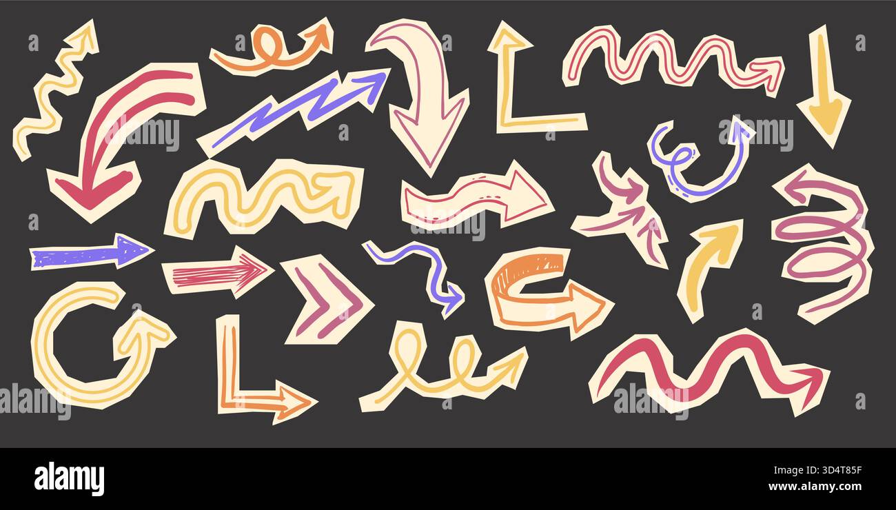 Ensemble de scrapbook avec découpe de flèche de papier déchiré gribouillage griffonnage éléments. Y2K Swirl, haut et bas, collection de flèches droite et gauche. Illustration vectorielle Illustration de Vecteur