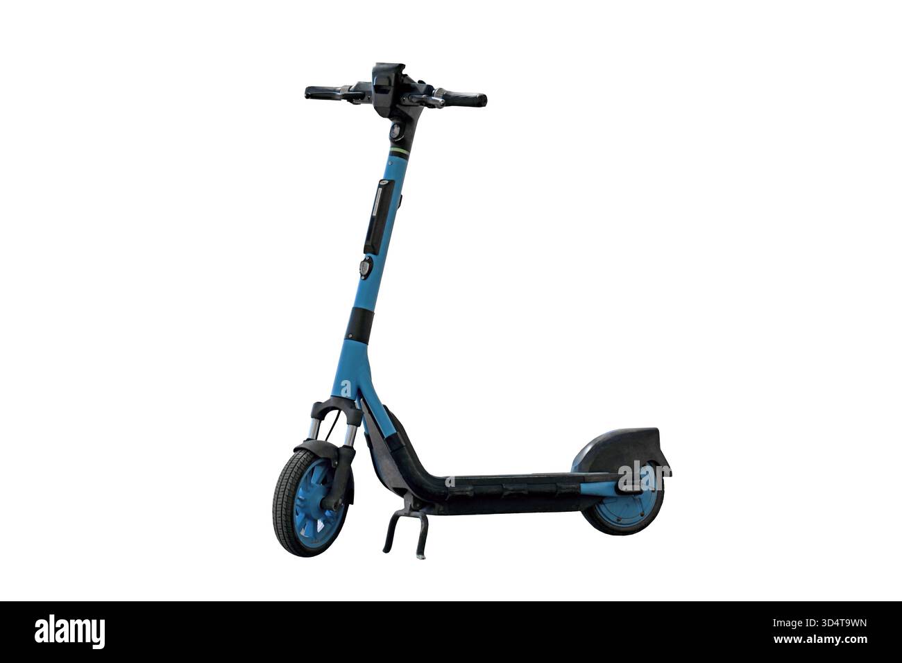 Un scooter bleu avec un guidon noir. Le scooter est garé sur un fond blanc Banque D'Images