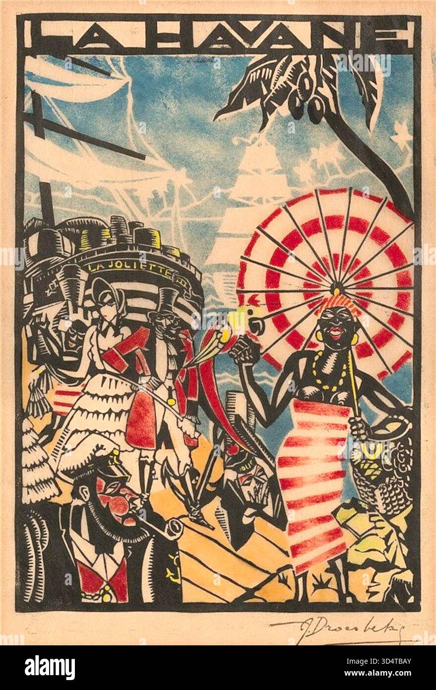 Albert Droesbeke - la Havane - L'œuvre d'art représente une scène vibrante et stylisée de la Havane, Cuba, avec diverses figures et un navire nommé 'la Joliette'. Banque D'Images