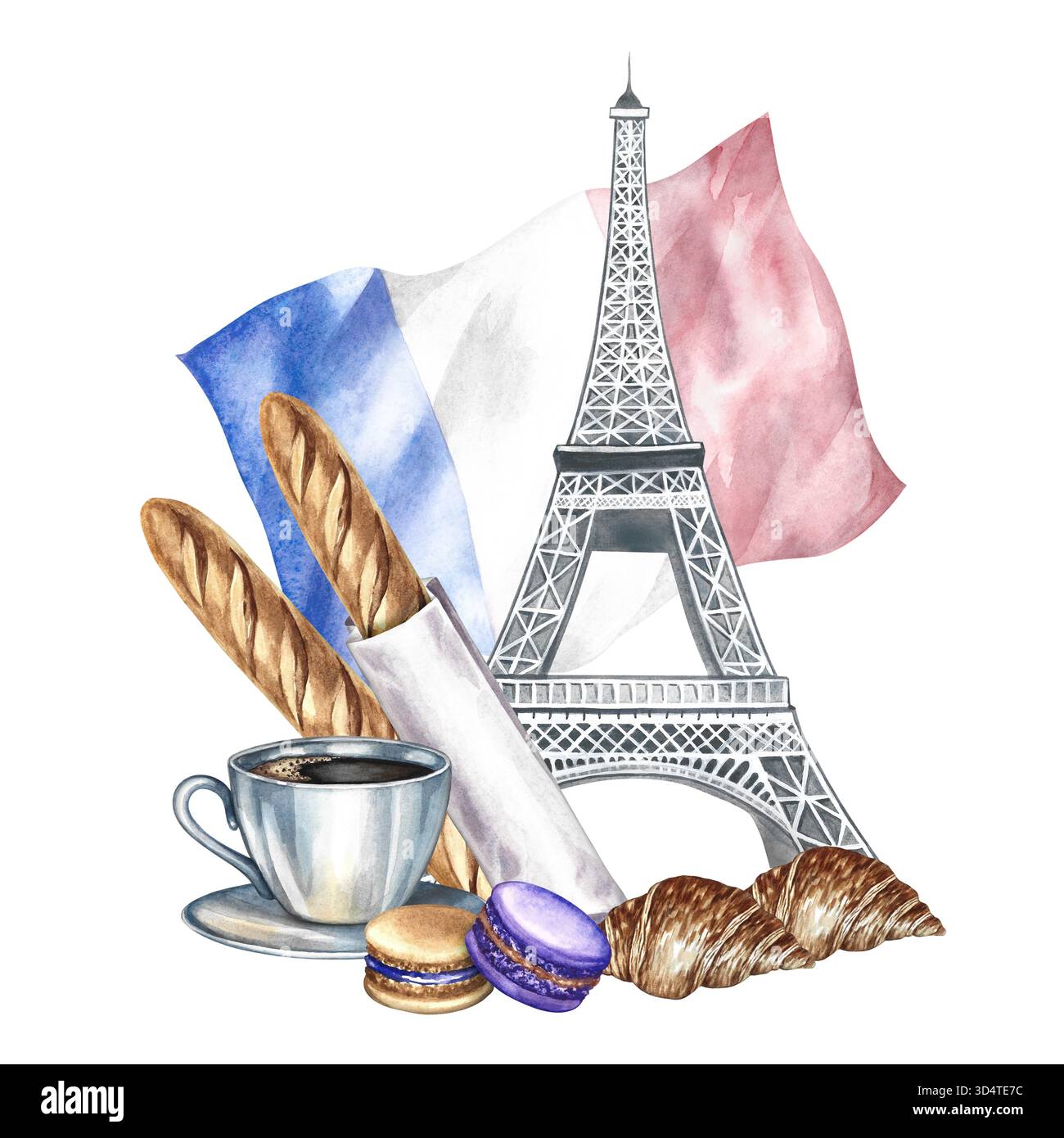 Pâtisseries françaises. Illustration d'aquarelle dessinée à la main. Baguette française, macarons, croissant, tasse de café, et la Tour Eiffel sur fond o Banque D'Images