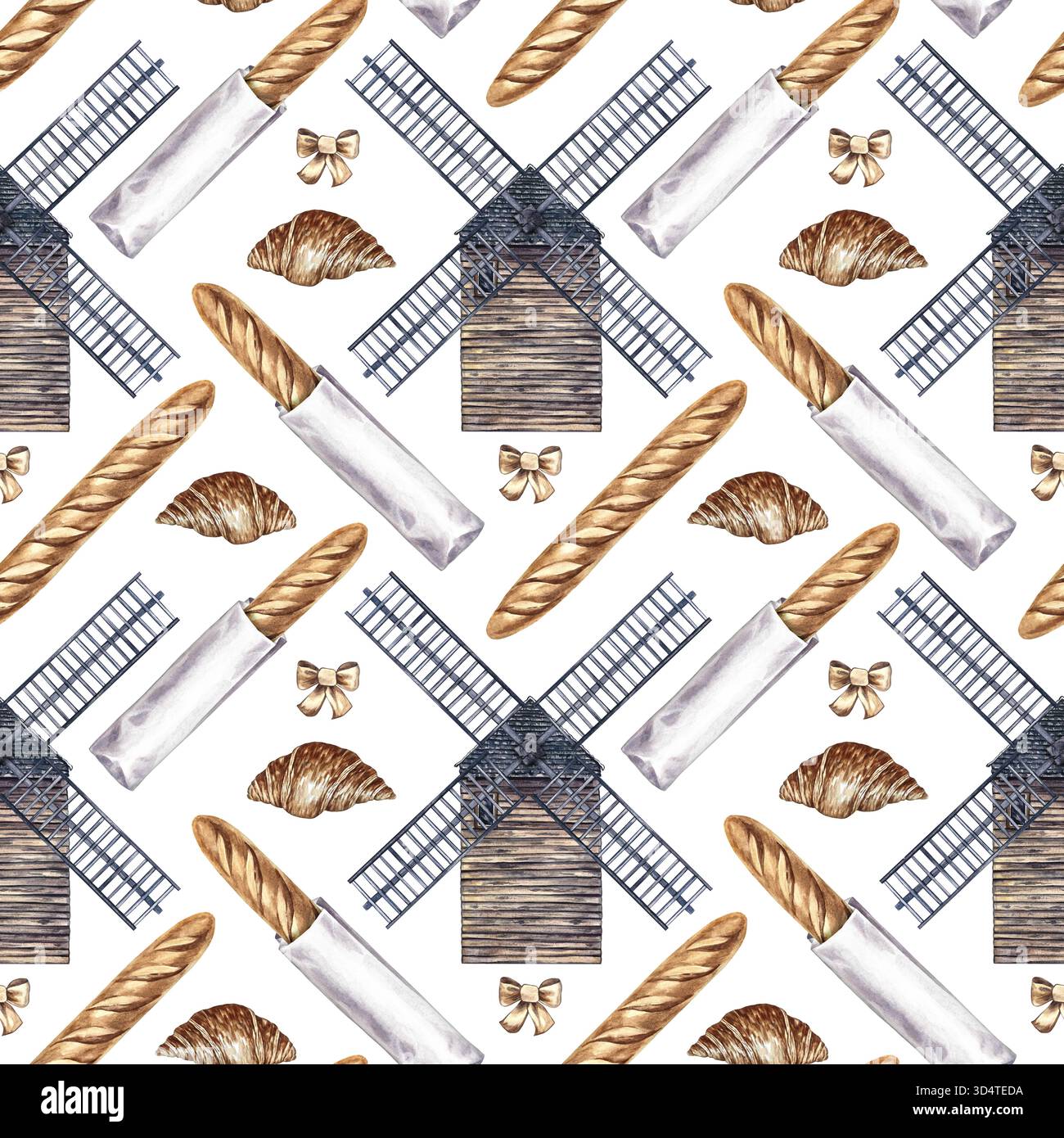 Motif sans couture avec des pâtisseries françaises. Baguette française et croissant, moulin à vent. Illustration d'aquarelle dessinée à la main. Éléments de la cuisine française. Pour moi Banque D'Images