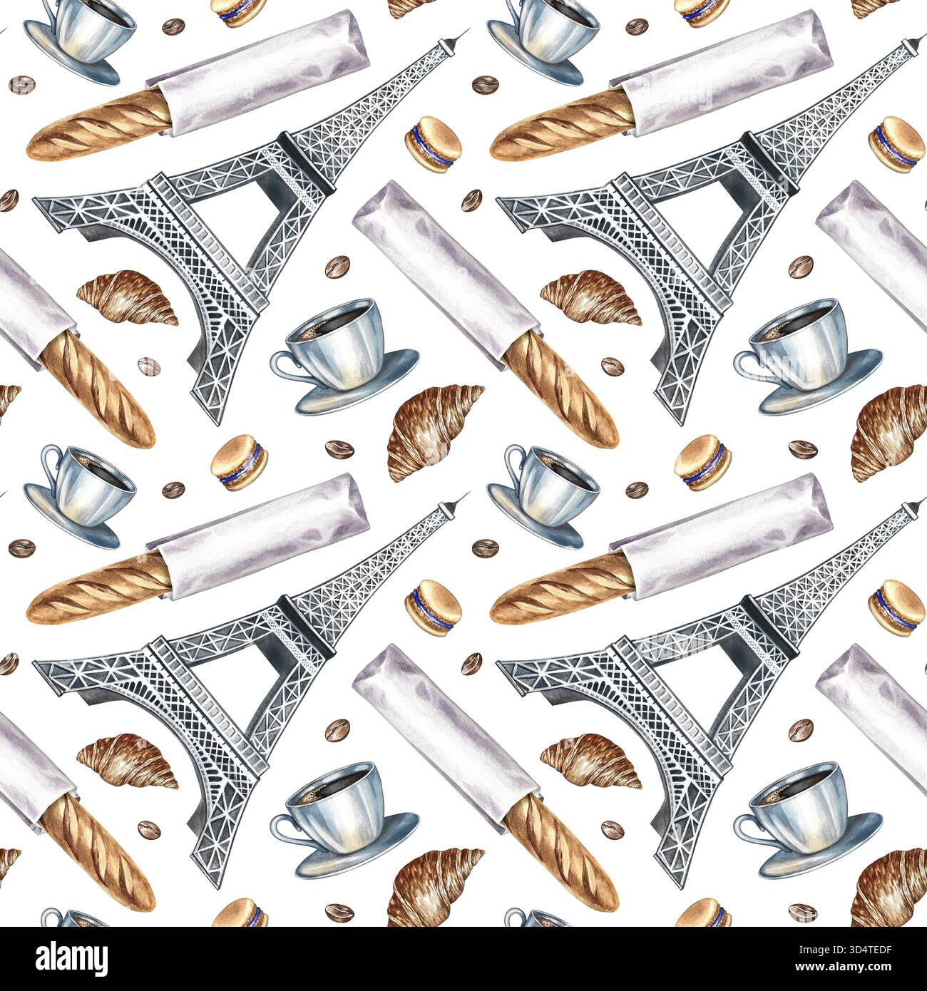 Motif sans couture avec des pâtisseries françaises. Illustration d'aquarelle dessinée à la main. Baguette française, biscuit aux amandes, croissant, Tour Eiffel. Pour le design de café, Banque D'Images