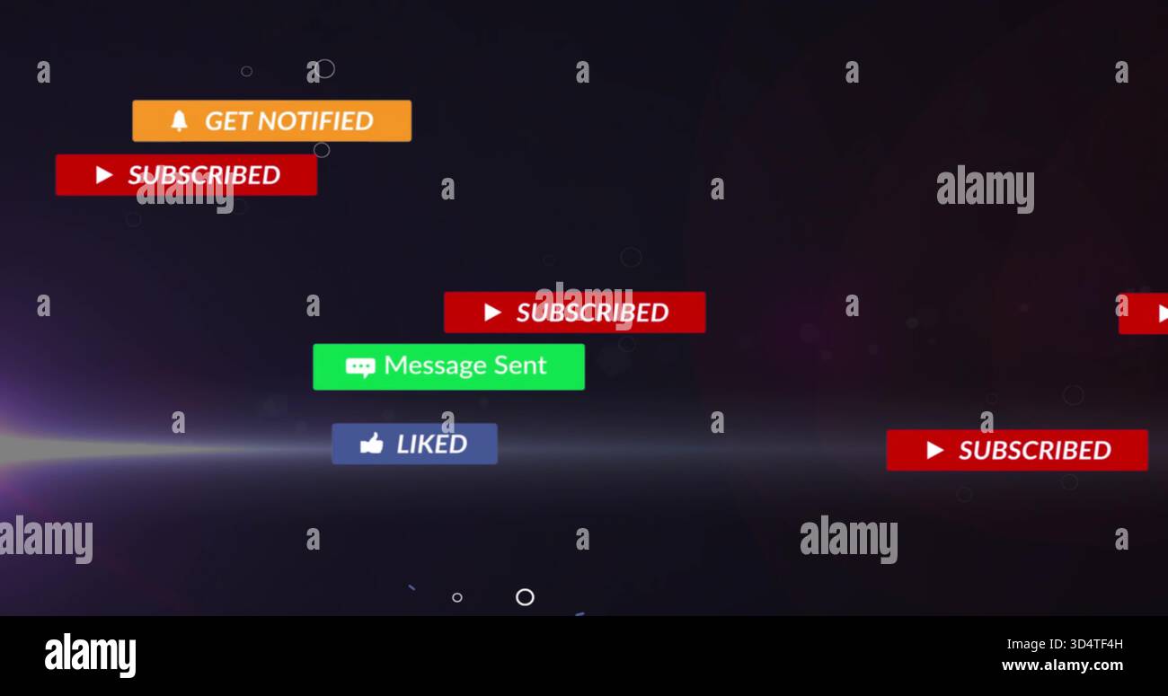 Affichage des badges de notification flottants sur un dégradé violet foncé-noir, avec Play Bell chat pouces vers le haut Banque D'Images
