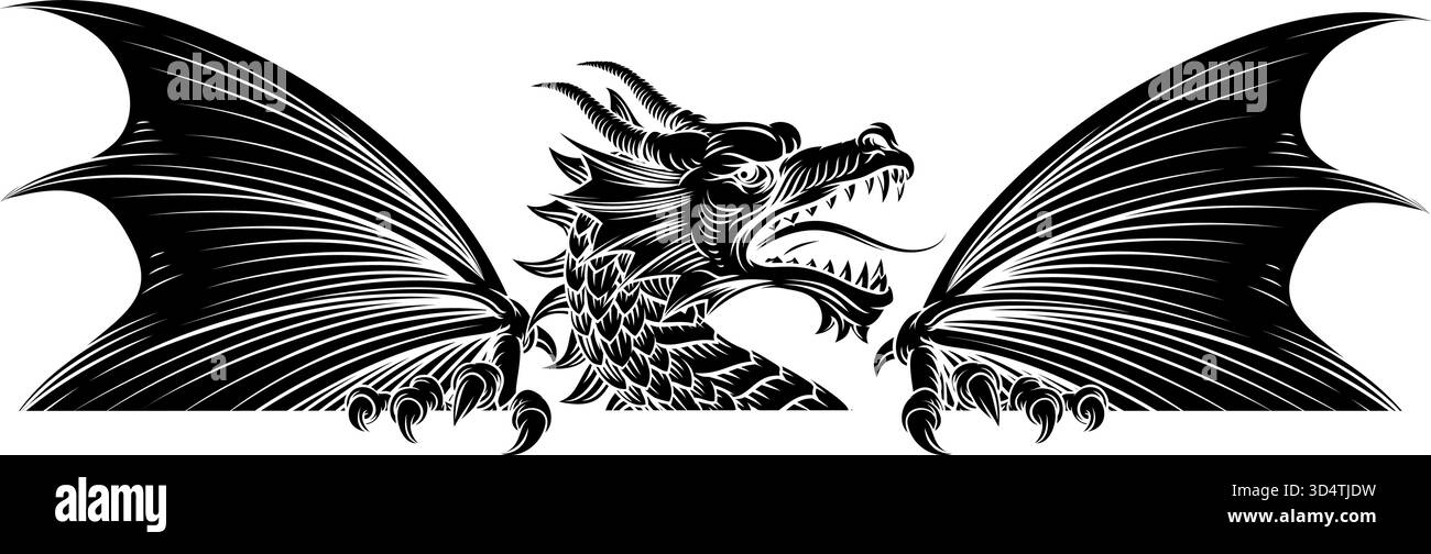 Dragon Sign bannière médiévale Vintage gravure sur bois Illustration de Vecteur