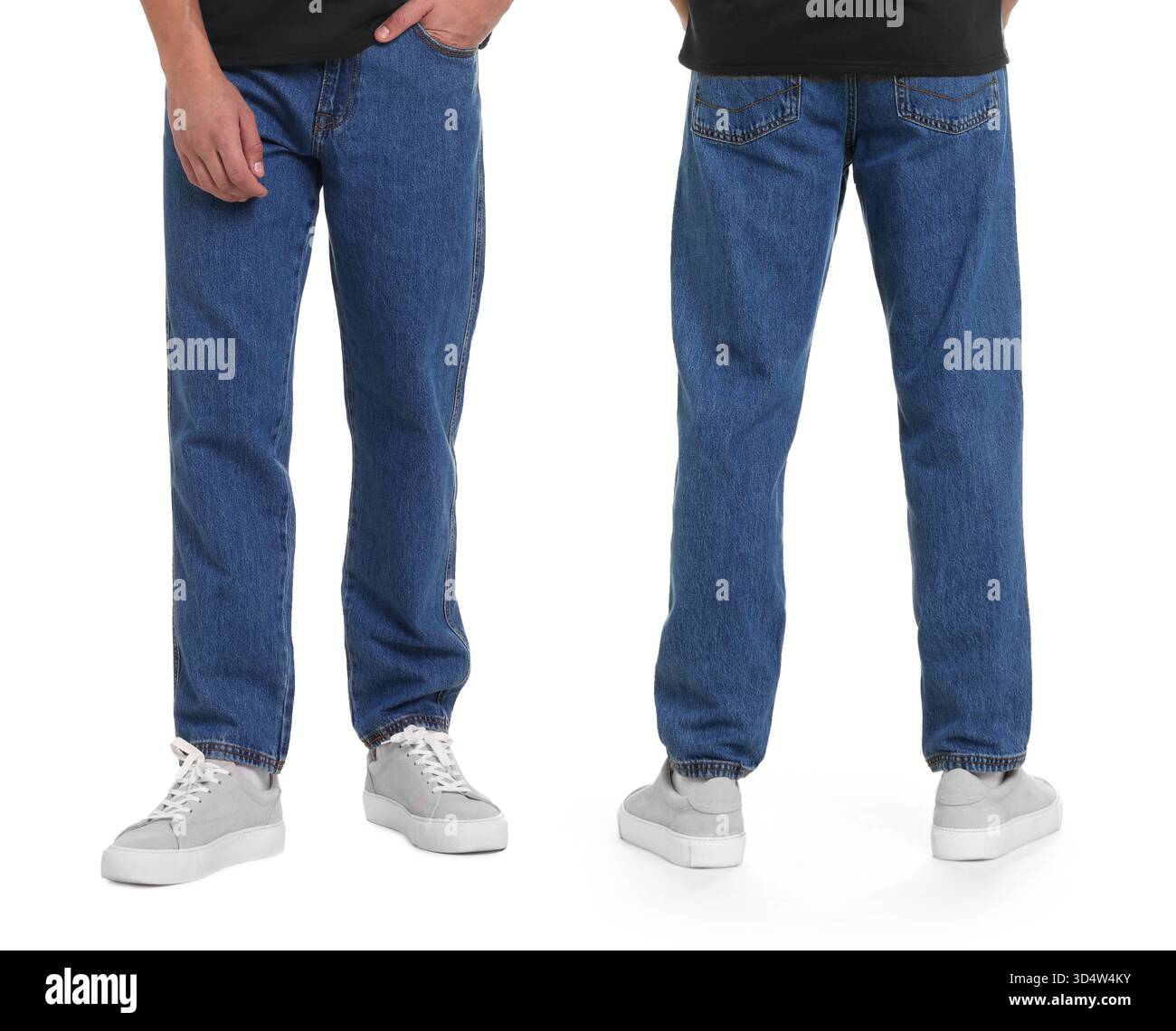 Homme portant un Jean bleu sur fond blanc, gros plan. Collage des vues arrière et avant Banque D'Images