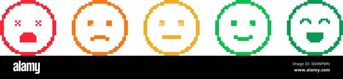 Ensemble d'émoticônes Pixel Art. Icônes d'expression émotionnelle et d'indicateur d'humeur. Symboles de feedback et d'analyse des sentiments. Illustration vectorielle isolée Illustration de Vecteur