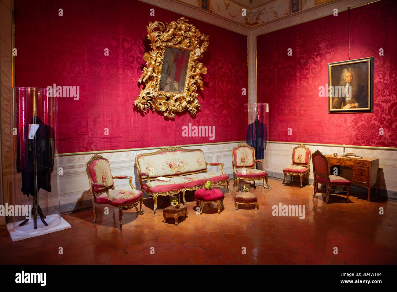 Élégant intérieur baroque avec murs en velours rouge, cadres dorés et meubles anciens représentant le luxe royal européen. Banque D'Images