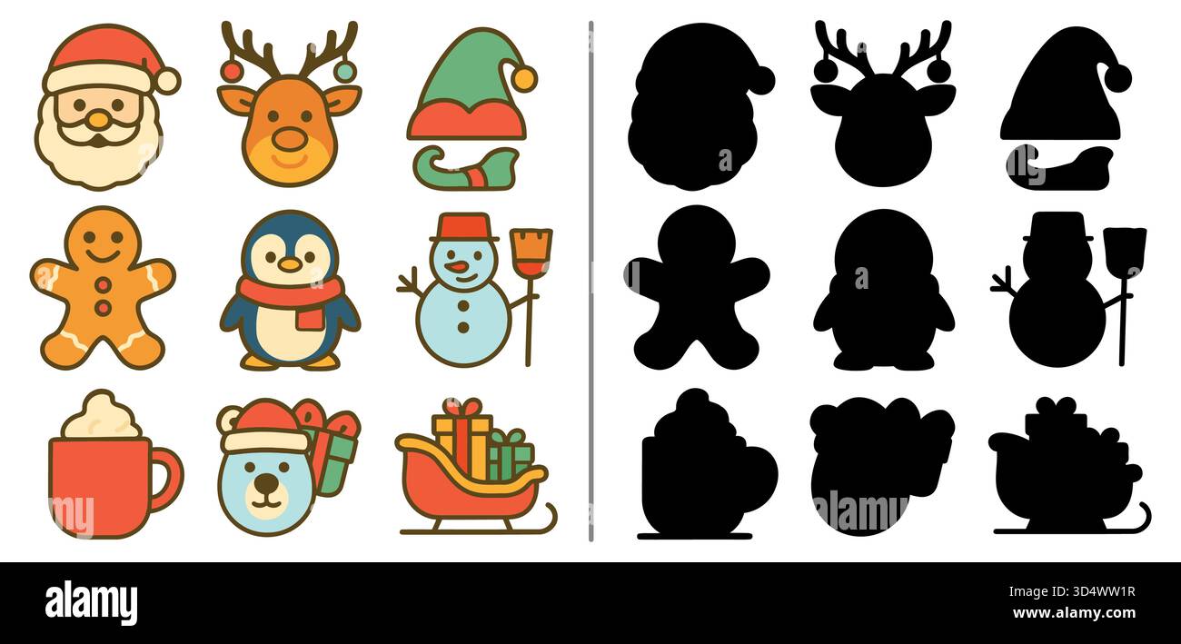 Icônes de caractère de Noël mignon ensemble avec Santa, renne, pingouin, bonhomme de neige, traîneau cadeau, et conception vectorielle de tasse de cacao Illustration de Vecteur