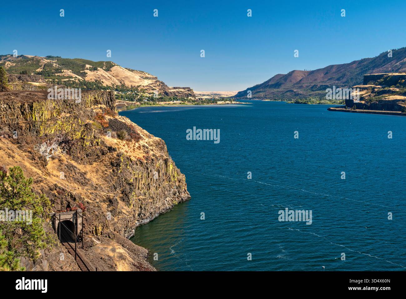 Gorge du fleuve Columbia, tunnel ferroviaire n° 9, vue depuis l'aire de repos du lac Chamberlain, côté Oregon sur la droite, près de White Salmon, Washington, États-Unis Banque D'Images