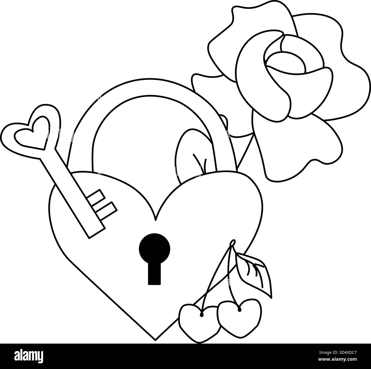 Serrure en forme de coeur, clé, rose et cerise composition Saint-Valentin. Illustration de ligne graphique vectorielle. design pour graphiques de mode, imprimés textiles, fa Illustration de Vecteur
