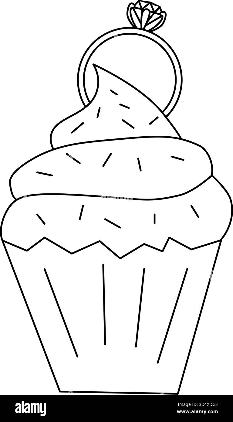 Cupcake avec bague composition Saint-Valentin. Illustration de ligne graphique vectorielle. Signe de silhouette pour logo, impression, bandes dessinées, mode, pop art, tableaux, de Illustration de Vecteur