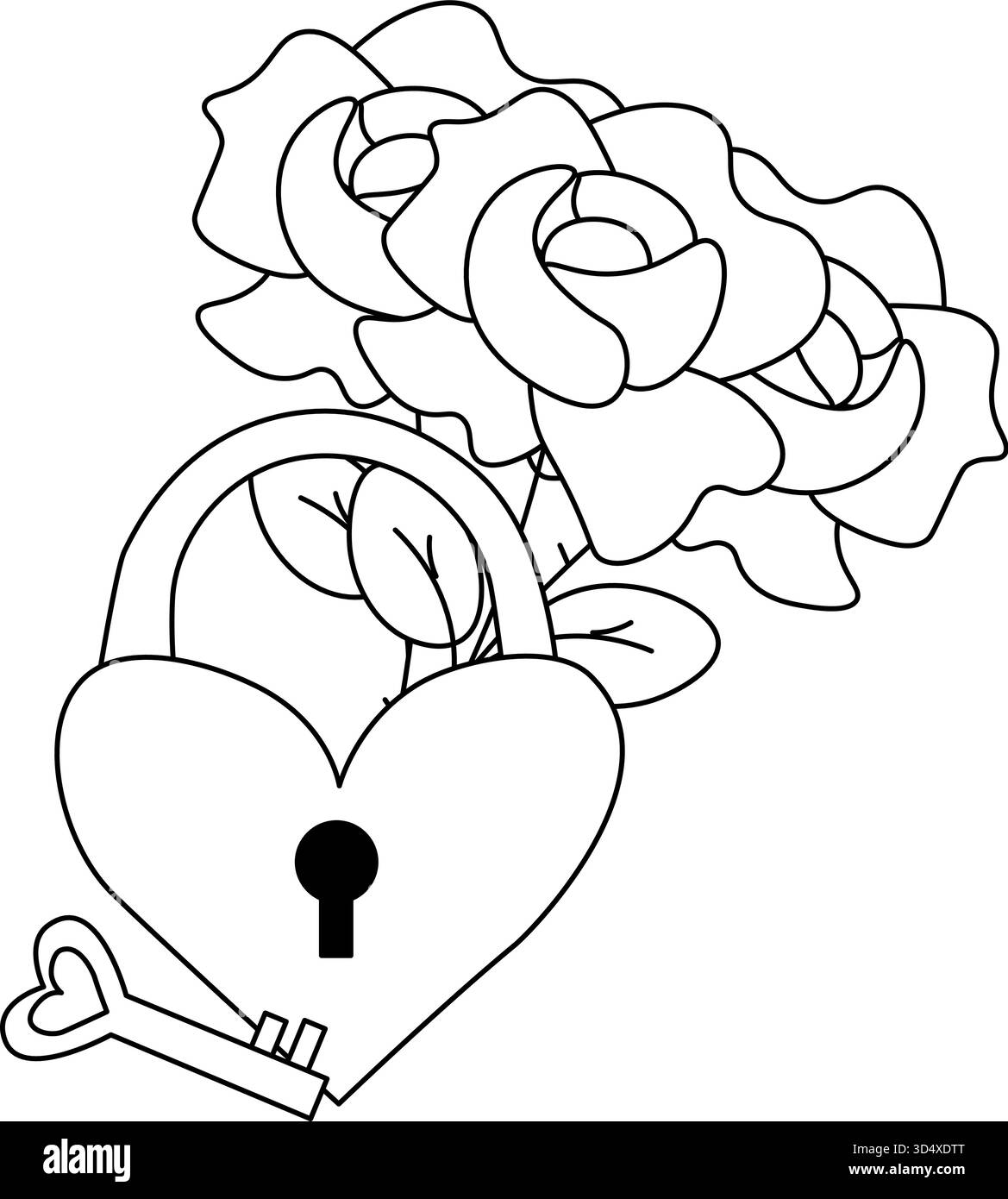 Clé de coeur et loch avec des roses composition Saint-Valentin. Illustration de ligne graphique vectorielle. Pour l'impression de t-shirt, web design, salons de beauté, affiches, Illustration de Vecteur