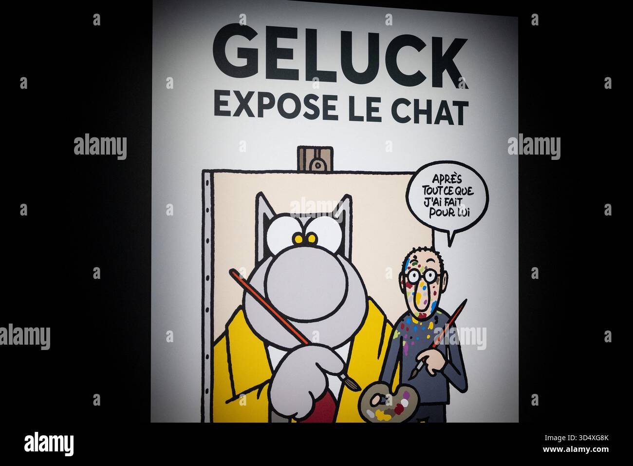Paris, France. 12 novembre 2025. Cette photo est une illustration qui sert d'affiche pour l'exposition lors de l'ouverture de l'exposition (vernissage) de Philippe Geluck, auteur de la bande dessinée (bande dessinée, BD, Livre) 'le Chat' au Musée Maillol à Paris, France le 12 novembre 2025. Photo par Alexis Jumeau/ABACAPRESS.COM crédit : Abaca Press/Alamy Live News Banque D'Images
