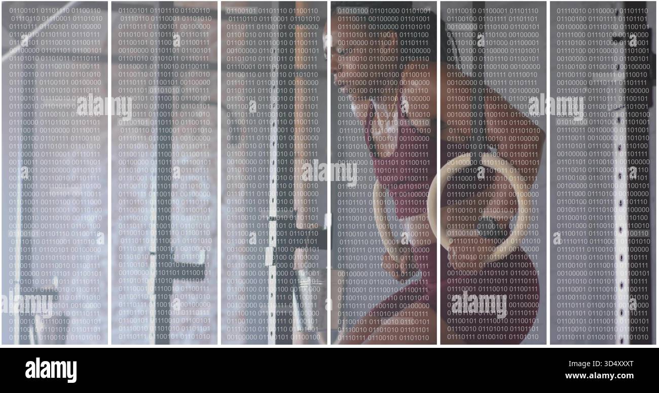 Femme debout dans le haut de réservoir sombre levant bras dans le studio, poteaux métalliques, superposition binaire, espace de copie Banque D'Images