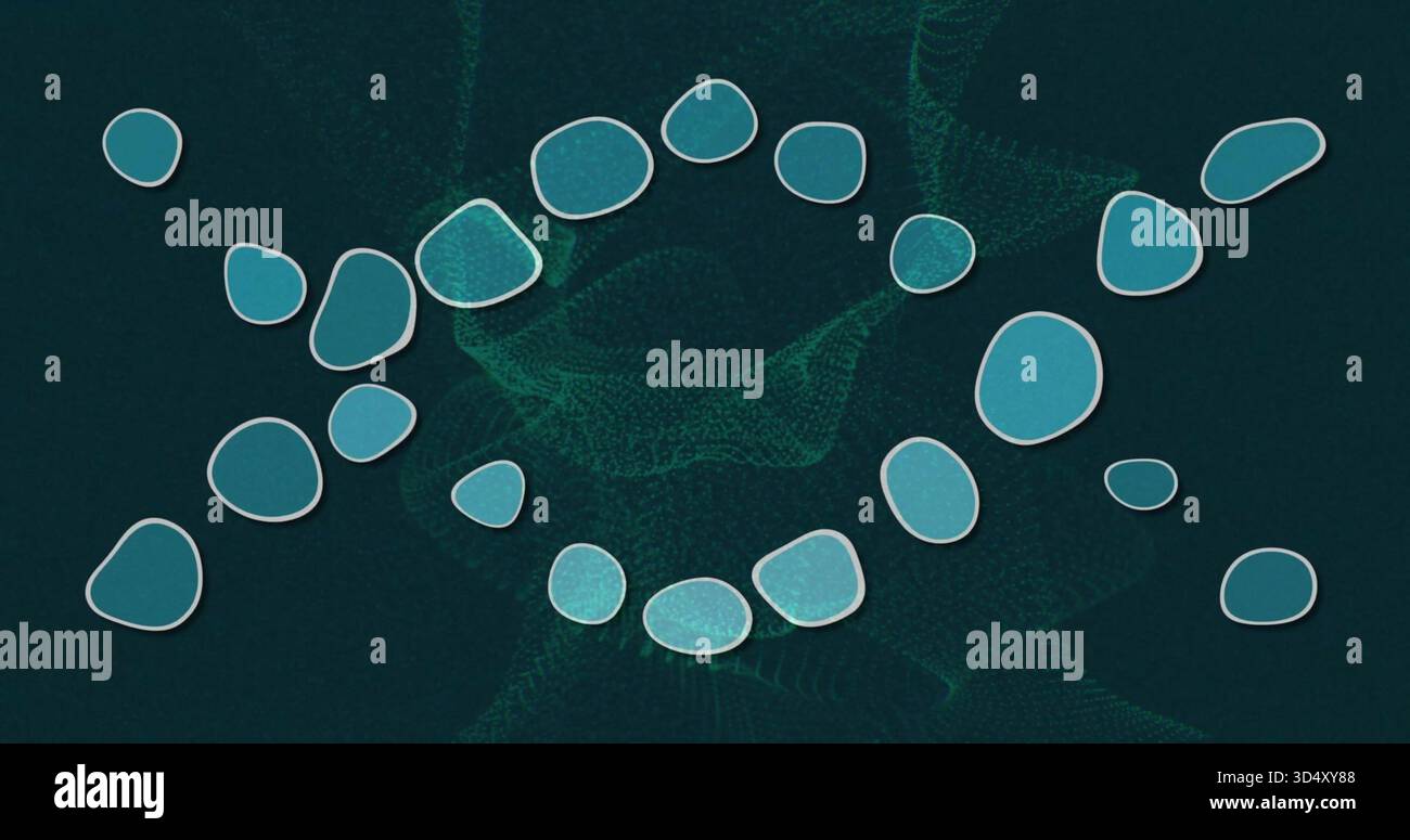 Galets turquoise courbés occupant le centre d'un champ sarcelle profond, montrant des contours pâles et une maille au néon Banque D'Images