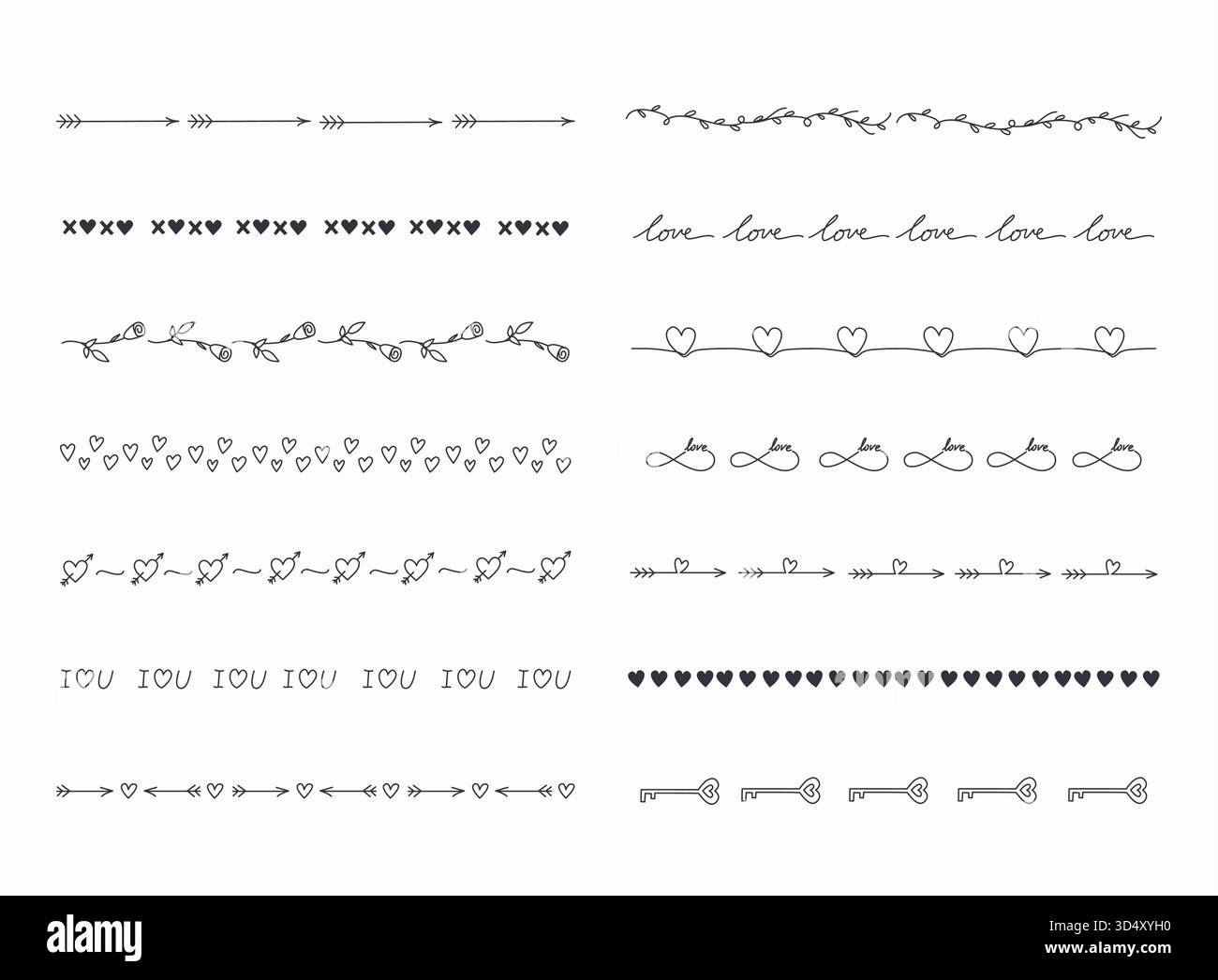 Grand ensemble de bordures de ligne dessinées à la main, des traits de gribouillage et des éléments de conception isolés sur blanc. Thème de l'amour. Illustration de Vecteur