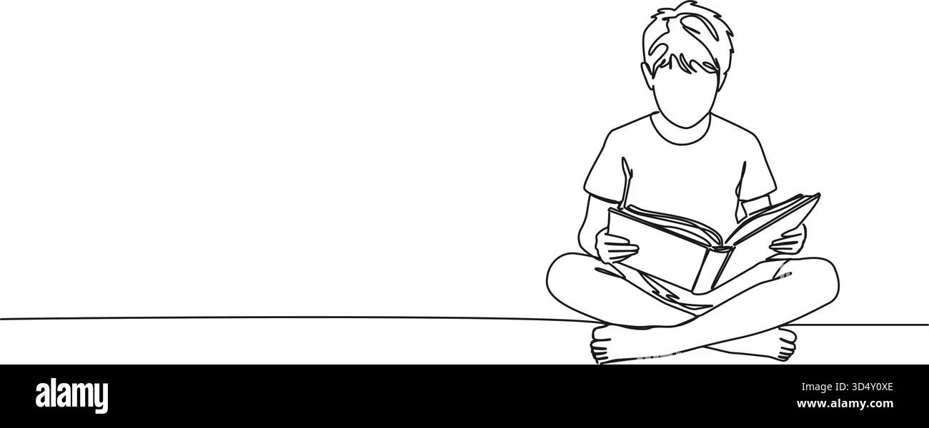 dessin de ligne continue de garçon assis de livre de lecture de sol, illustration vectorielle d'art de ligne Illustration de Vecteur