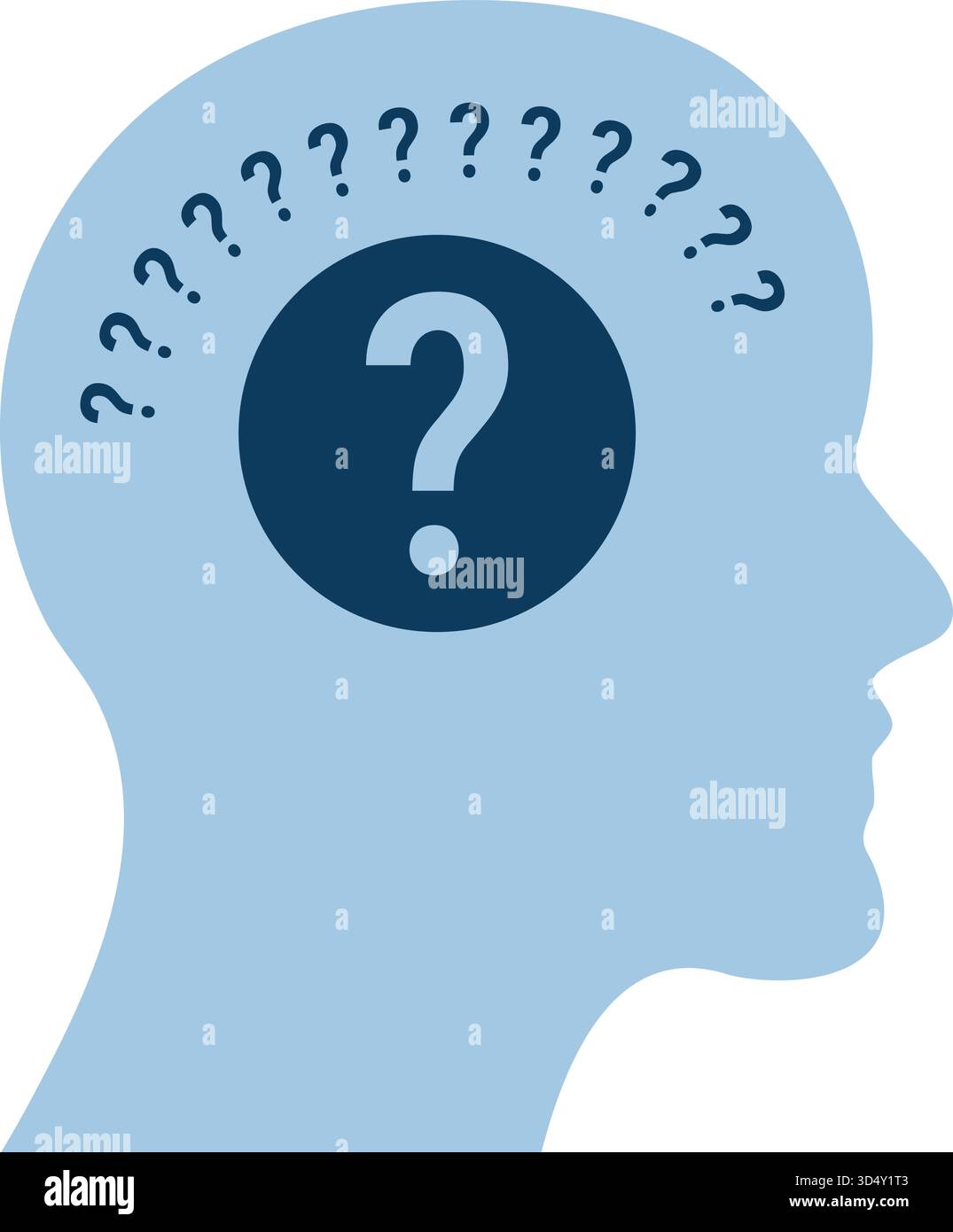 silhouette vectorielle minimaliste d'une tête humaine en bleu avec de multiples points d'interrogation à l'intérieur symbolisant la confusion profonde de la pensée crise de santé mentale Illustration de Vecteur