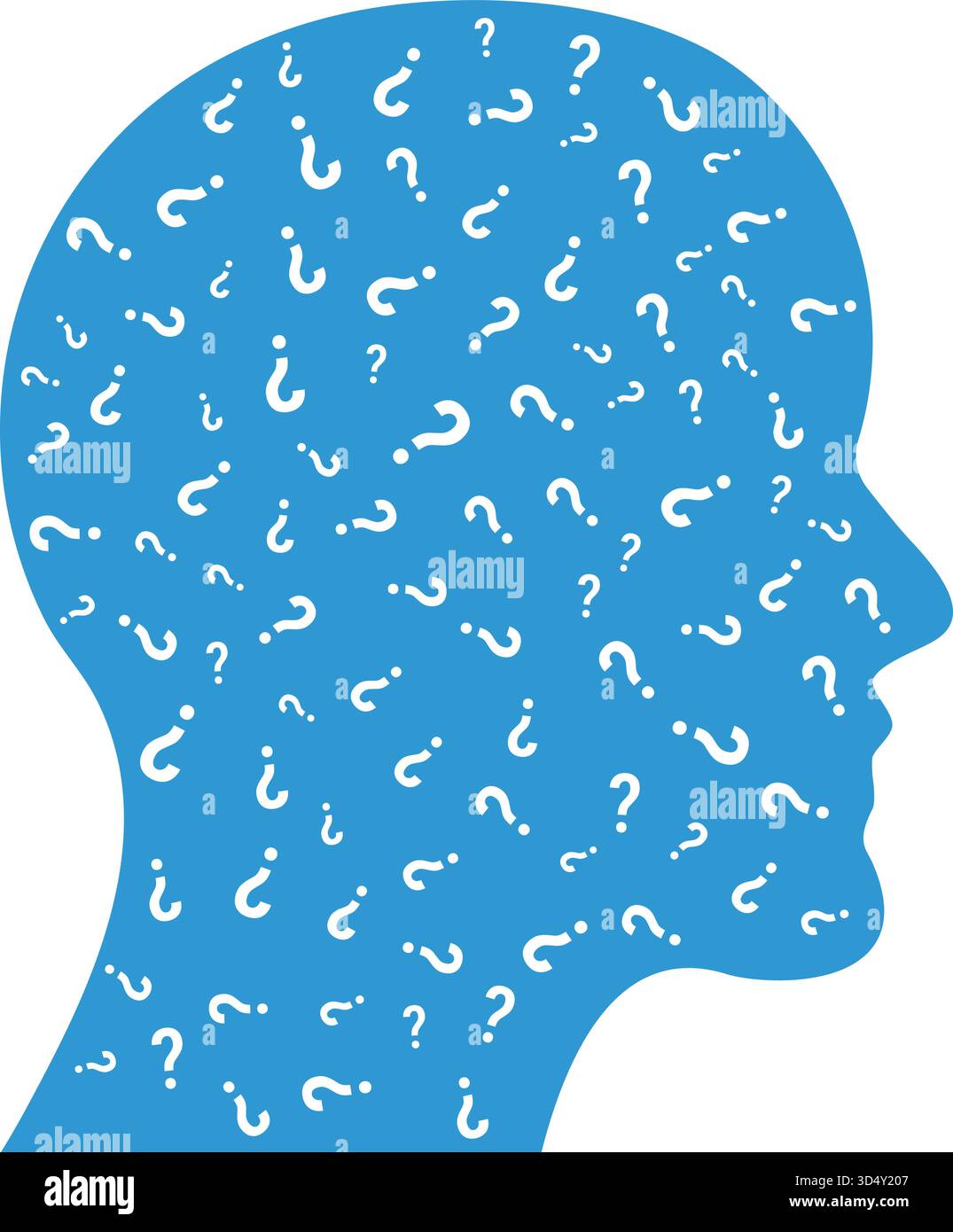 Silhouette de profil de tête humaine bleue illustration remplie de points d'interrogation blancs symbolisant la confusion curiosité doute prise de décision brainstorming Illustration de Vecteur