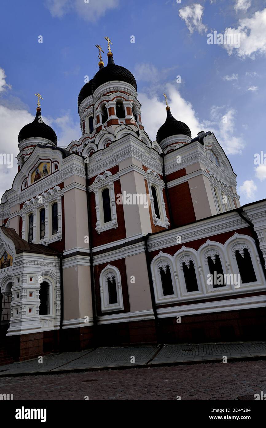 Une élévation latérale de la cathédrale Alexandre Nevski, église orthodoxe russe, montrant des dômes d'oignon et des détails de façade à Tallinn, Estonie, par temps nuageux. Banque D'Images