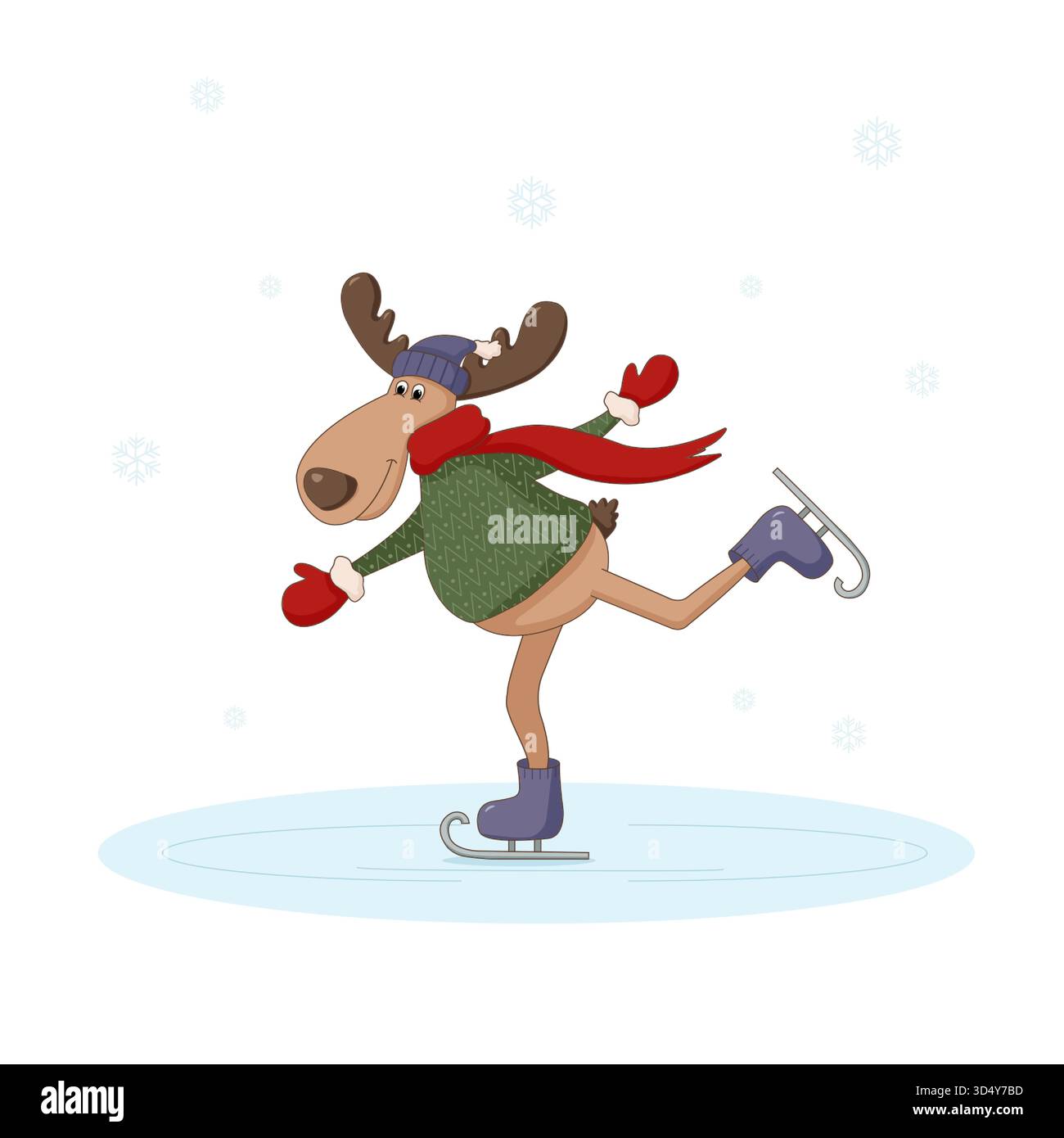 Un orignal drôle dans un pull vert, une écharpe rouge et des mitaines glisse sur la glace sur des patins. Illustration vectorielle d'un personnage de dessin animé en hiver Illustration de Vecteur