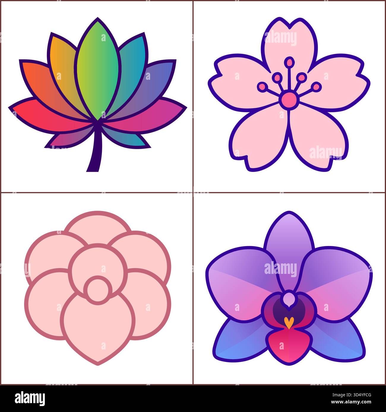 Ensemble de vecteur botanique élégant mettant en vedette des fleurs de lotus, de fleur et d'orchidée, conçu pour des projets créatifs, des œuvres d'art décoratives et des fleurs polyvalentes Illustration de Vecteur