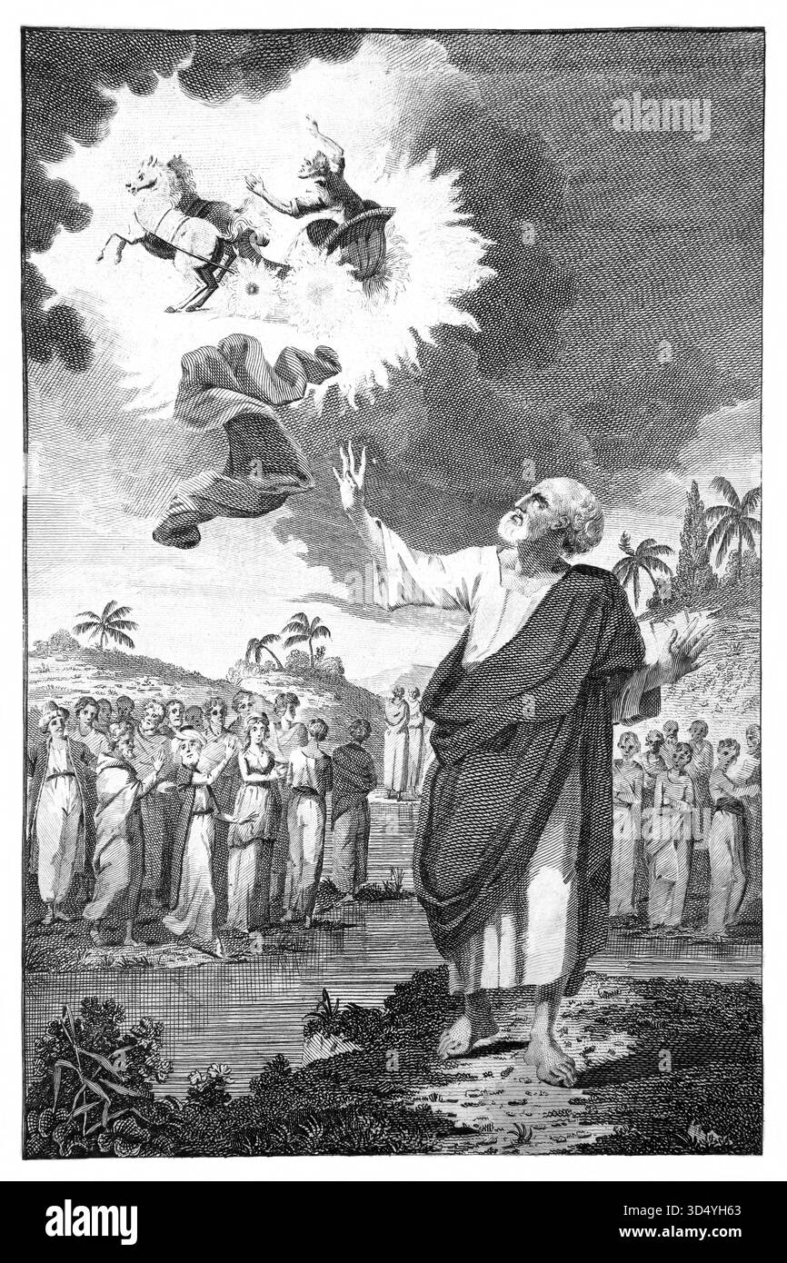 Illustration d'Elijah pris au ciel (2 Rois) Elisée voyant le Prophète Elijah monter dans un tourbillon au ciel dans un chariot de feu avec Eli Banque D'Images
