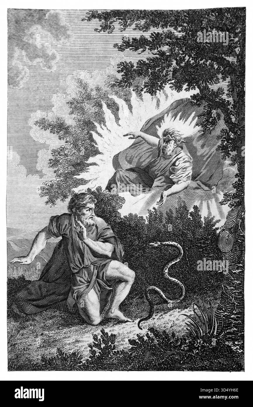 Illustration de Dieu transformant Moïse Rod en Serpent (Exode)XVIIIe siècle la Bible de la famille du révérend Mr Cookson Banque D'Images