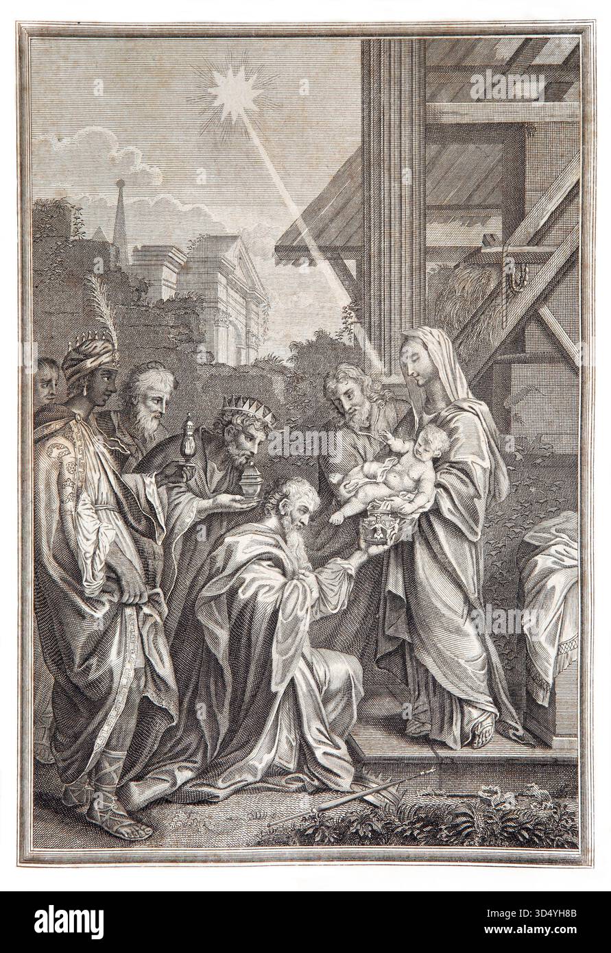 Illustration de l'Adoration de Mages - les trois Sages visitant Jésus Christ avec des cadeaux Or, encens et myrrhe d'un XVIIIe siècle la Réve Banque D'Images