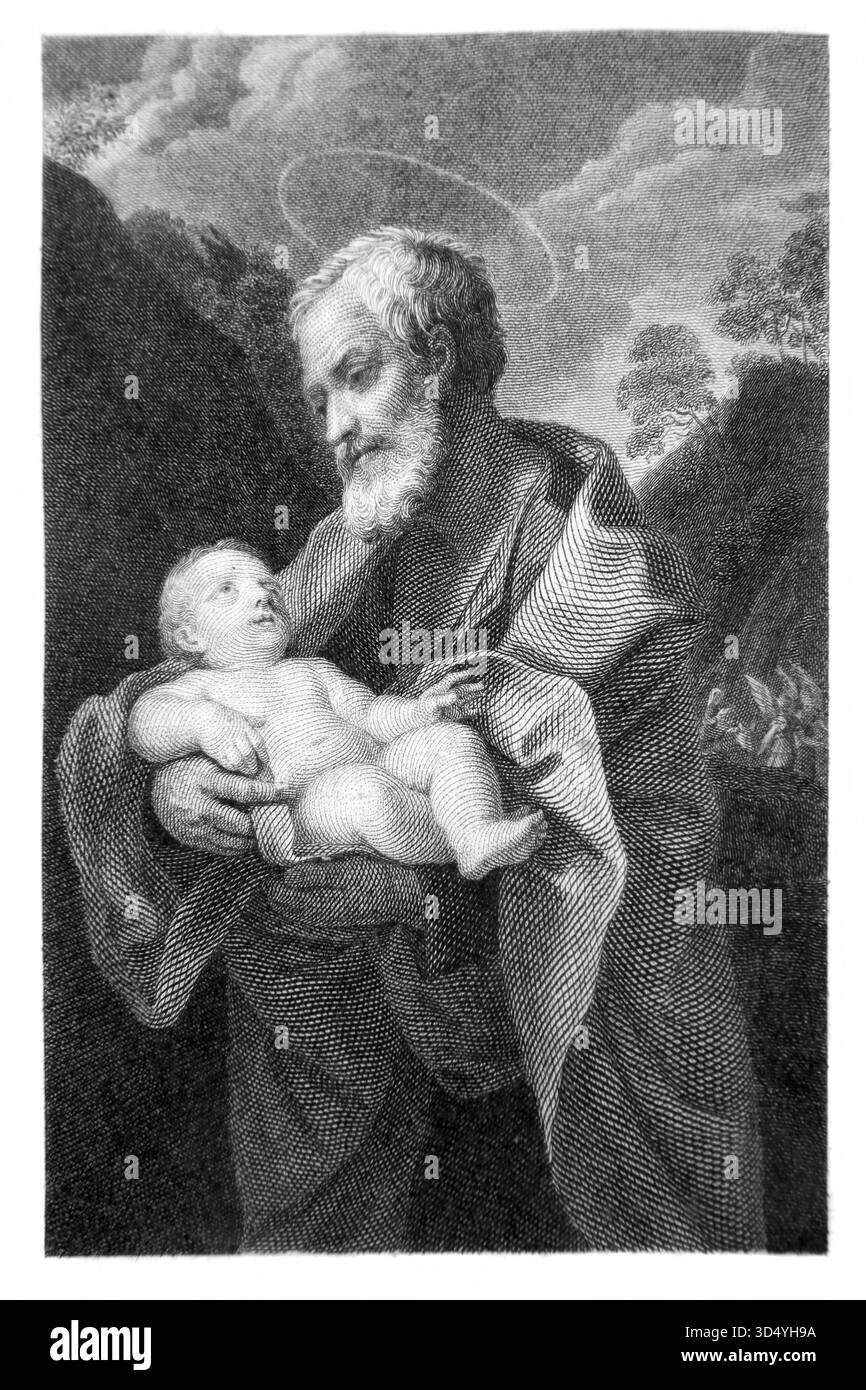 Illustration de Saint Joseph tenant son fils légal l'enfant Jésus Christ (Evangile) de l'édition 1815 de la vie des Pères, Martyrs et autres P Banque D'Images