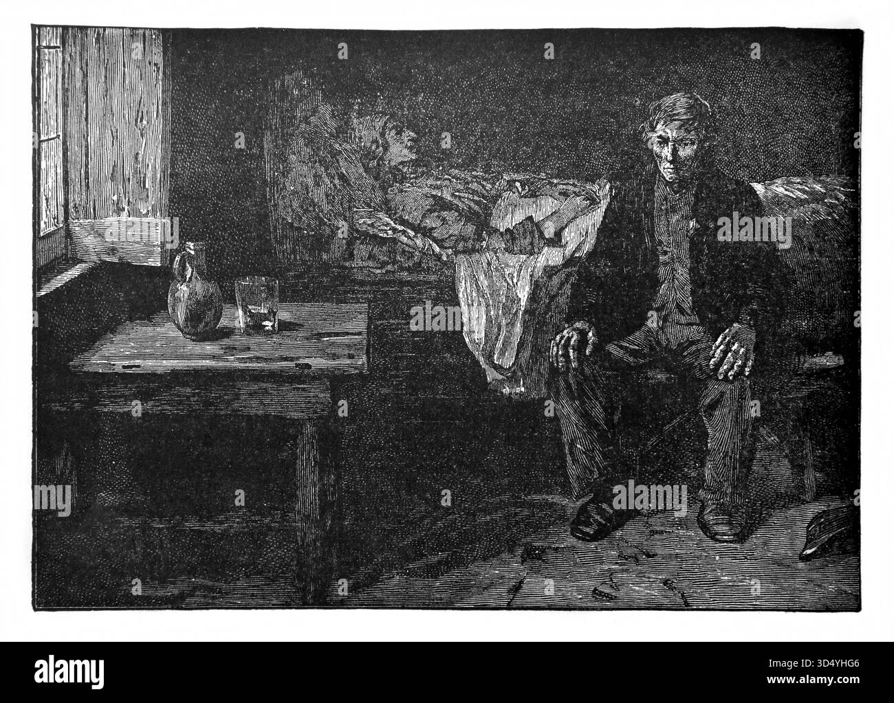 Illustration d'un mari assis au chevet de sa chère épouse défunte représentant un poème "pauvre épouse elle est morte" de J.W.Buel de l'édition de 1890 Banque D'Images