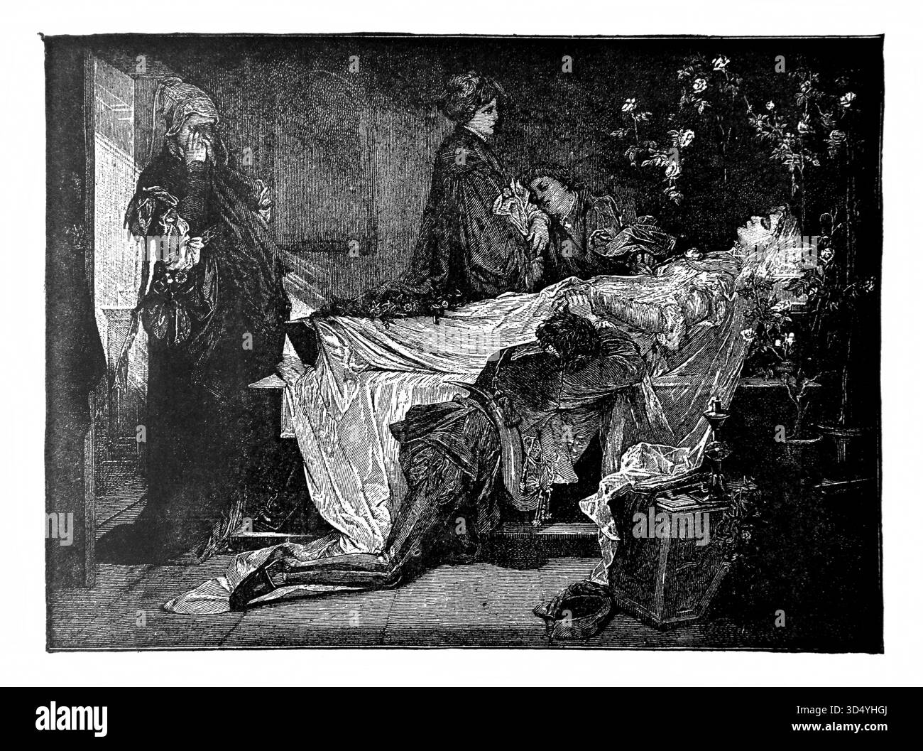 Illustration d'une famille autour d'un lit de mort d'êtres chers de l'édition 1890 de la belle histoire Golden Gems of Religious Thought de J.W.Buel Banque D'Images