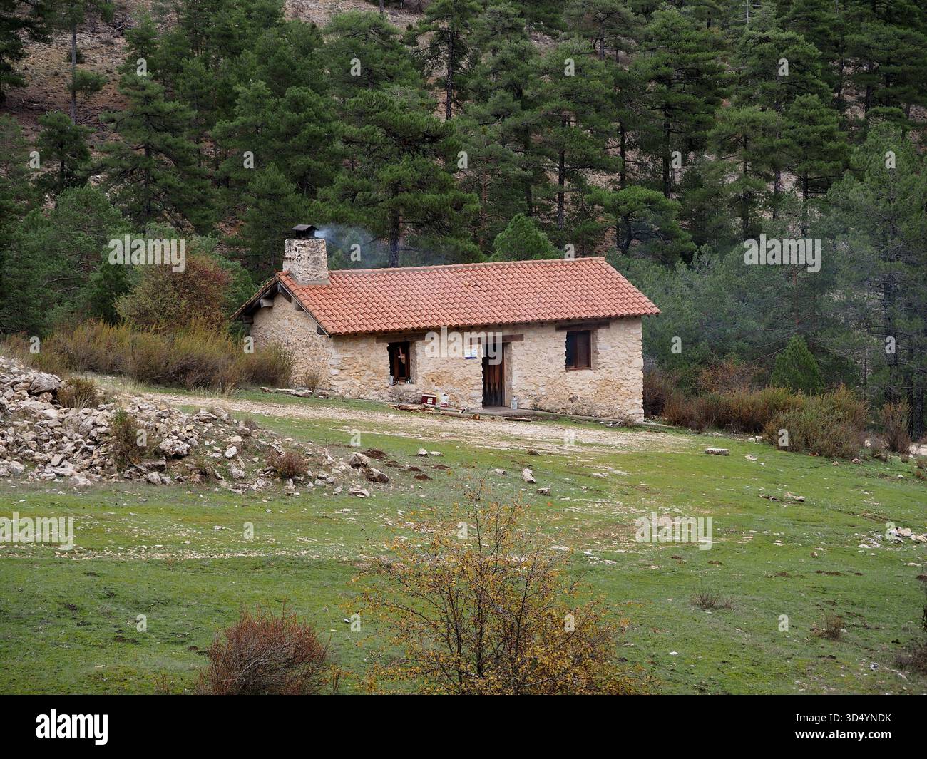 Refuge en pierre de montagne avec cheminée fumeurs entouré de forêt dans l'Espagne rurale Banque D'Images