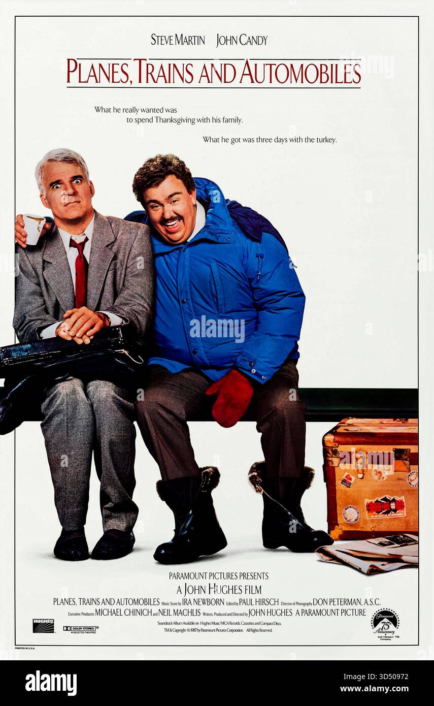 Planes, trains and automobiles (1987) réalisé par John Hughes et mettant en vedette Steve Martin, John Candy et Laila Robins. Deux étrangers décalés sont obligés de voyager ensemble à travers le pays après l'annulation de leur vol, conduisant à une série de désastres comiques alors qu'ils tentent de rentrer chez eux avant Thanksgiving. Photographie d'une affiche américaine originale de 1987 À USAGE ÉDITORIAL EXCLUSIF. Crédit : BFA / Paramount Pictures Banque D'Images