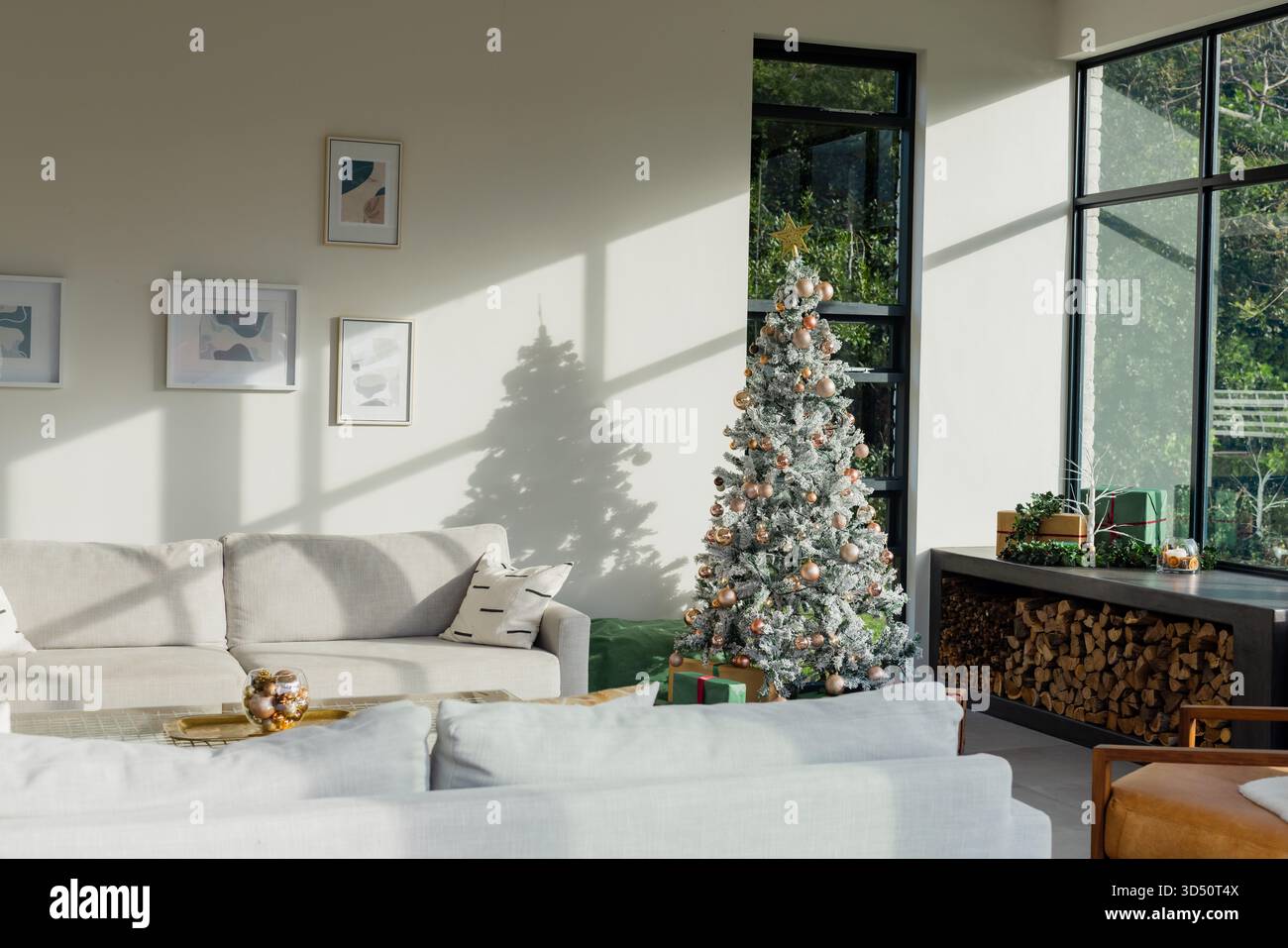 Sapin de Noël givré debout à côté de grandes fenêtres, projetant des ombres de vitres Banque D'Images