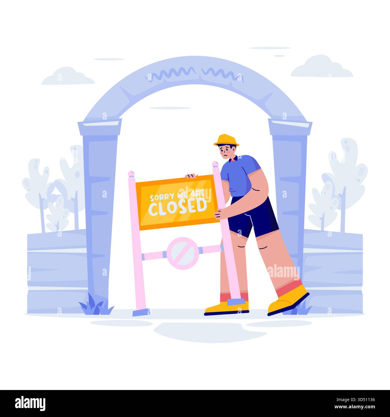 Un homme plaçant une annonce de fermeture sur l'illustration plate de la porte d'entrée Illustration de Vecteur